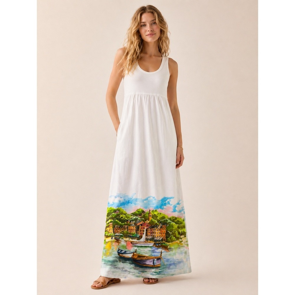Maze Womens Coastal Watercolor Graphic Maxi Dress White Medium M Cotton Pockets